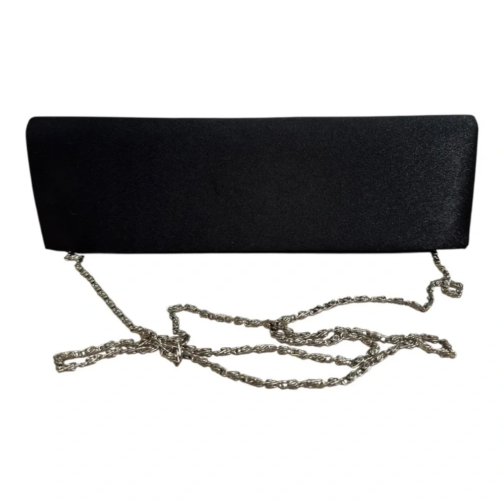 Bijoux Terner Black Satin Boxy Clutch Purse w/ Hideaway Chain Crossbody
